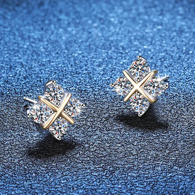 925 Silver Moissanite Two Tone X Square Stud Earrings