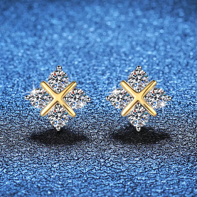 925 Silver Moissanite Two Tone X Square Stud Earrings