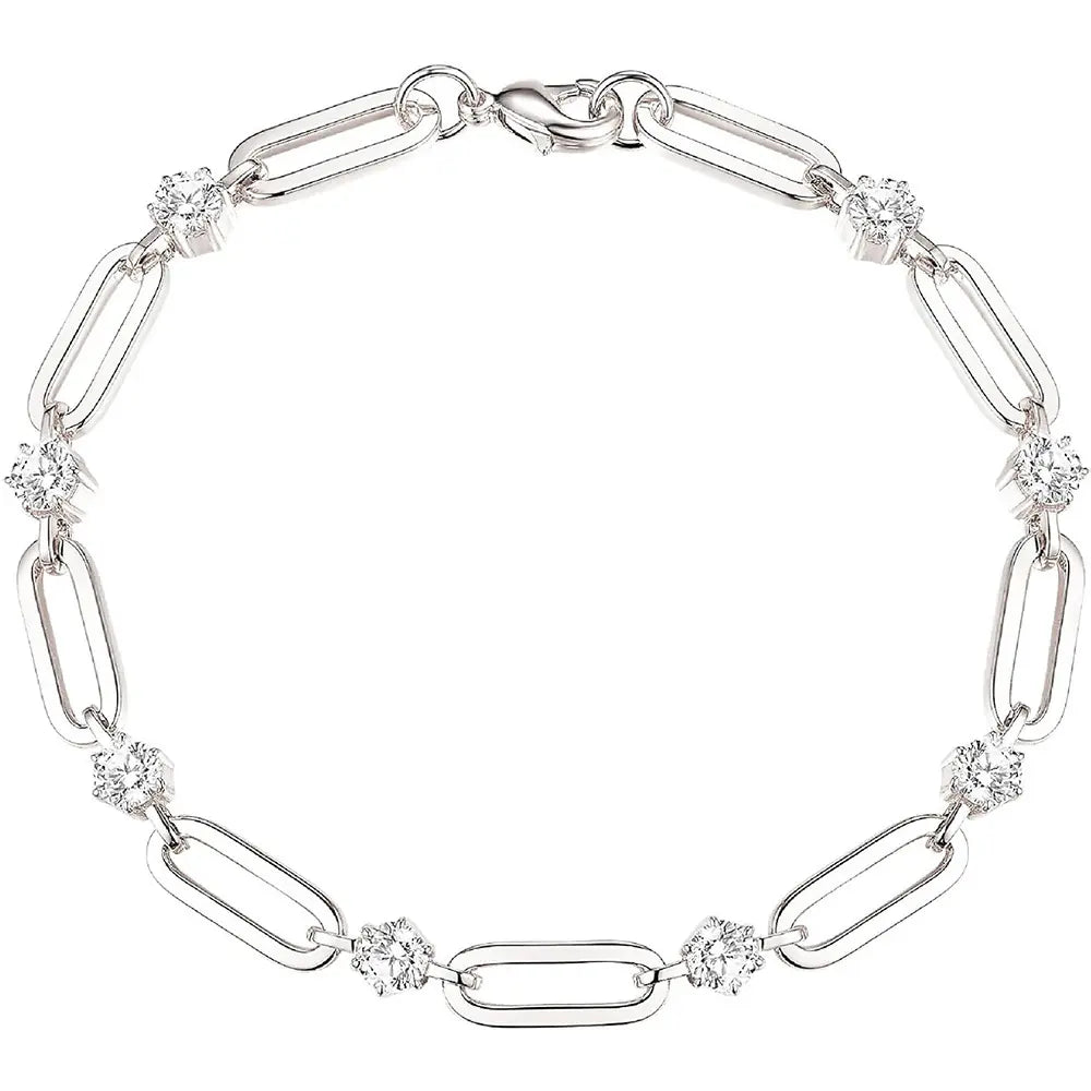 Round Diamond S925 Silver Paper Clip Bracelet