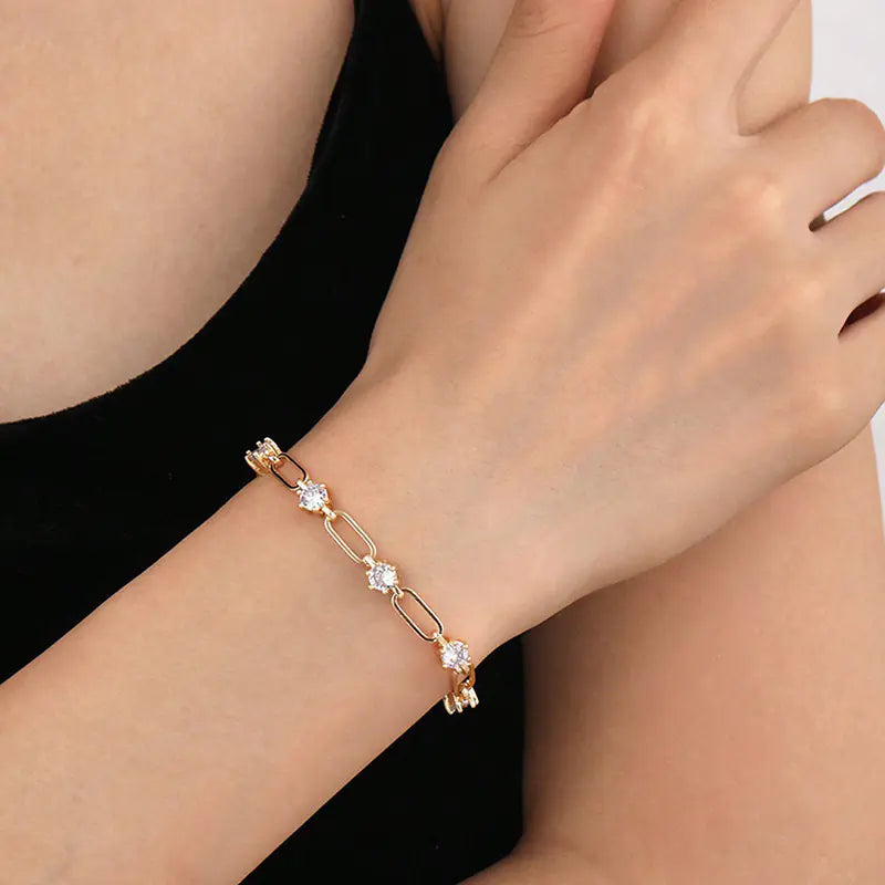 Round Diamond S925 Silver Paper Clip Bracelet