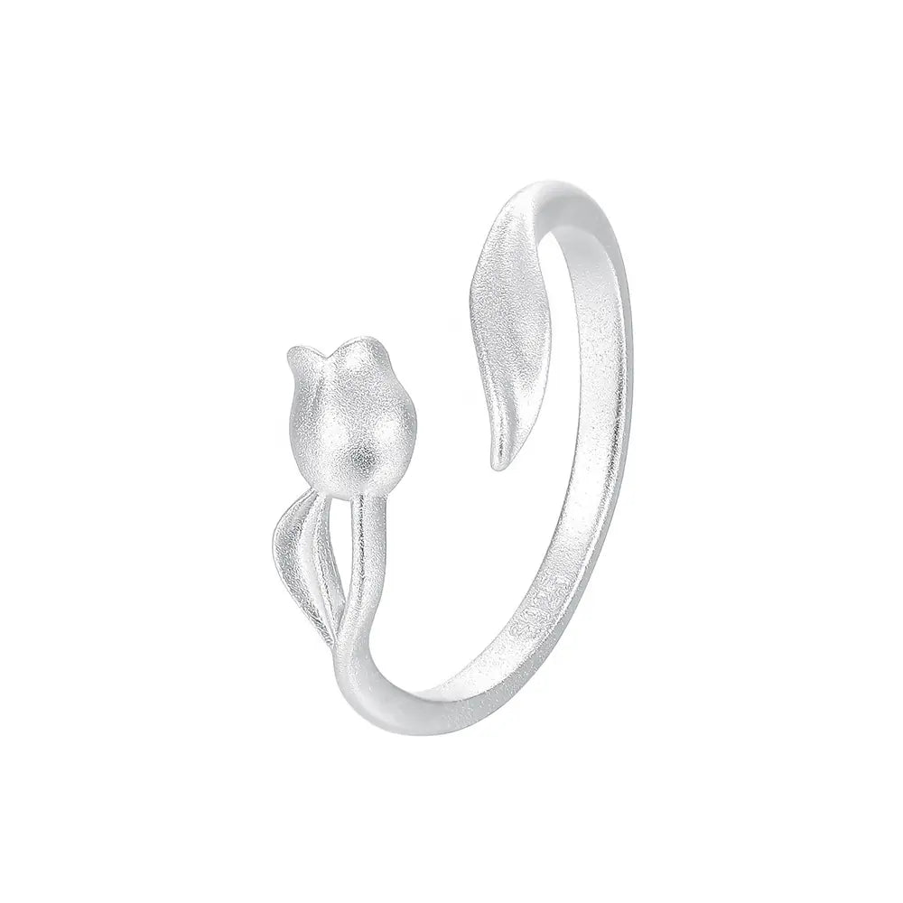 S925 Silver Matte Tulip Adjustable Ring