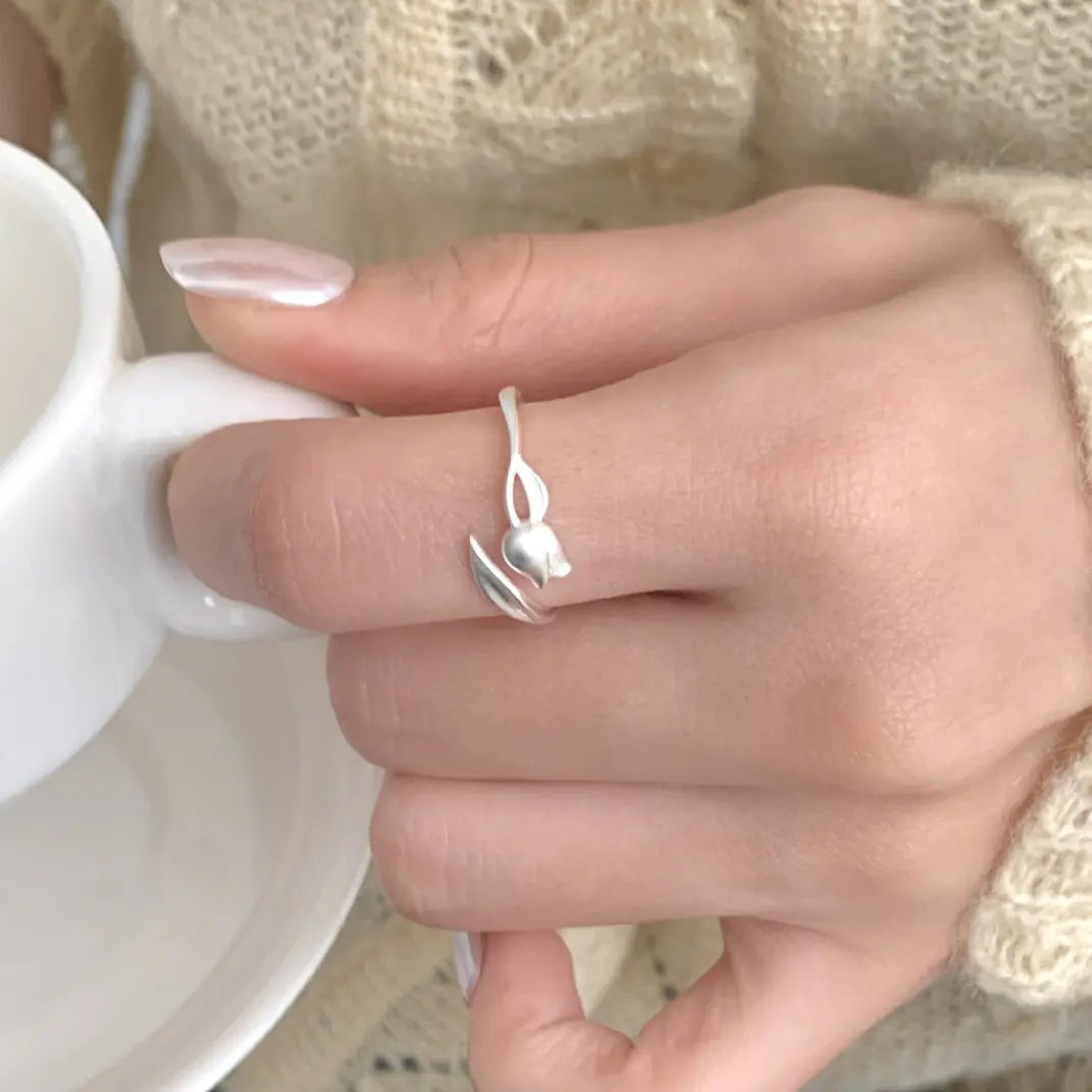 S925 Silver Matte Tulip Adjustable Ring