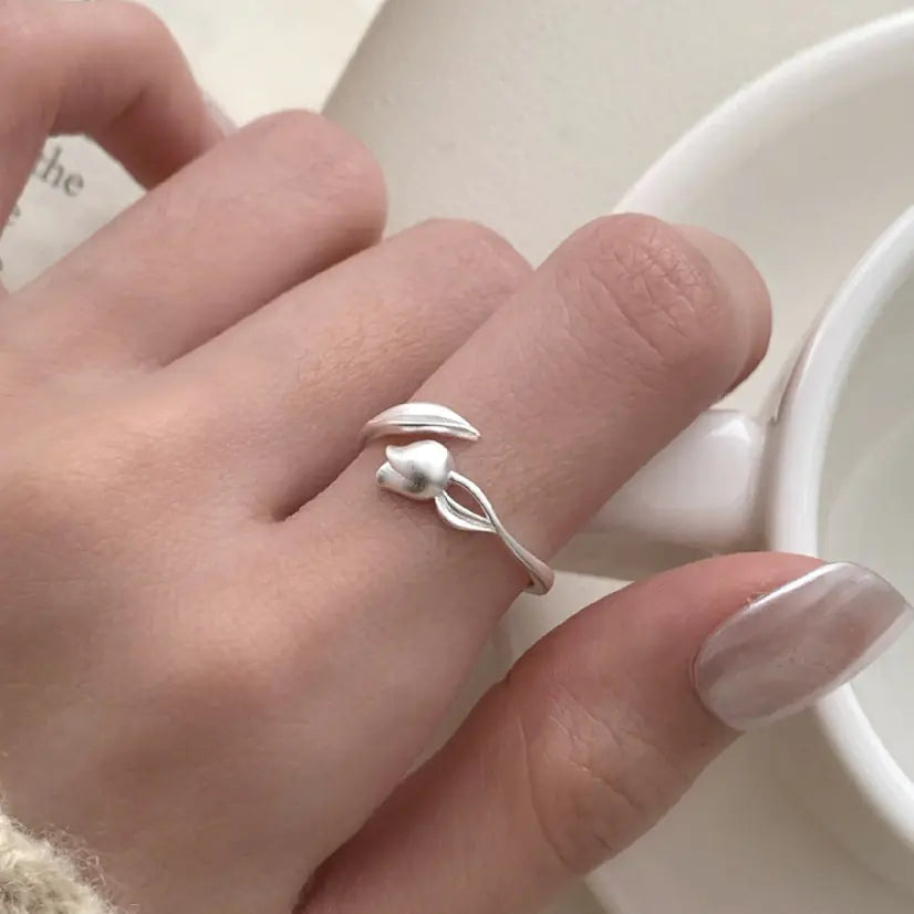 S925 Silver Matte Tulip Adjustable Ring