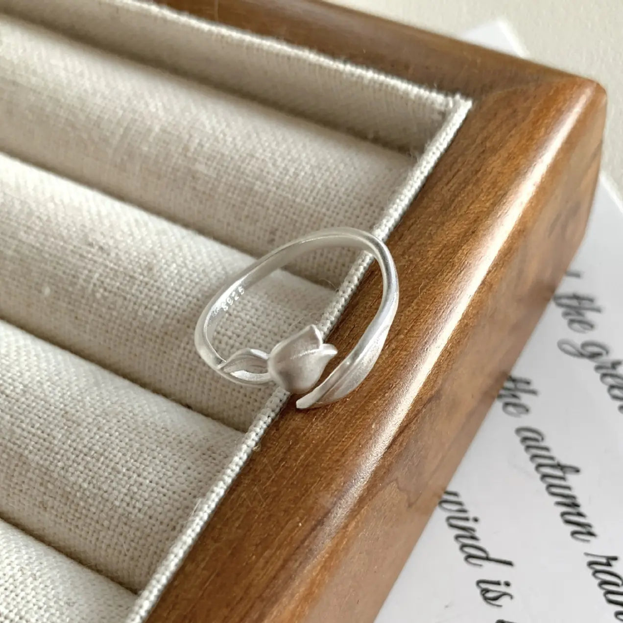 S925 Silver Matte Tulip Adjustable Ring