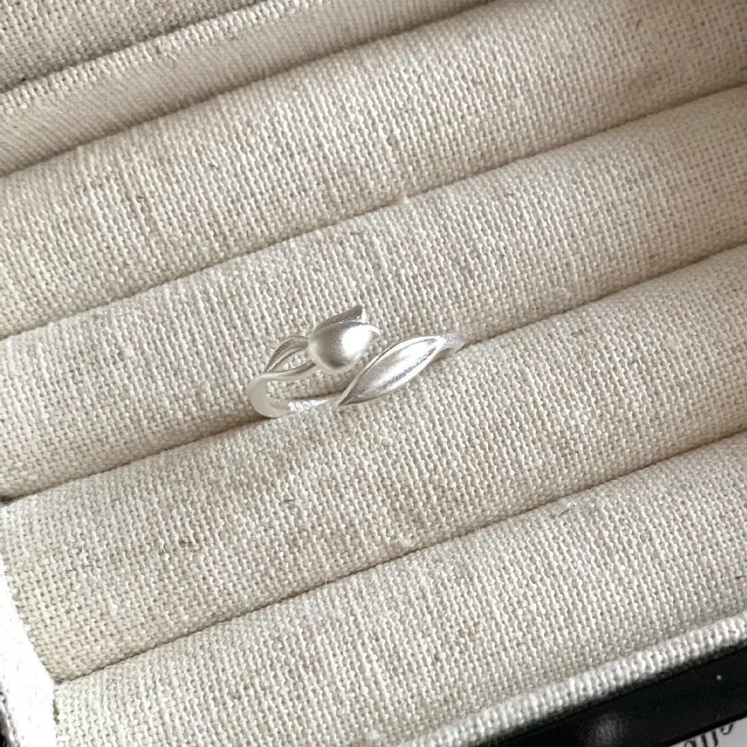 S925 Silver Matte Tulip Adjustable Ring