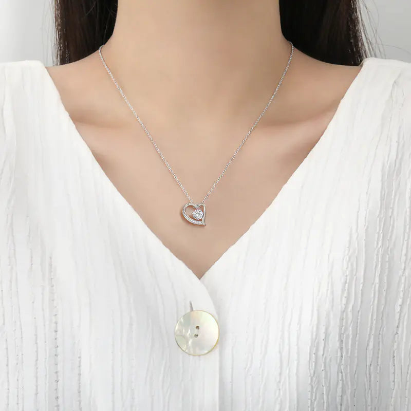 Brass Round CZ Heart Chain Necklace For Women