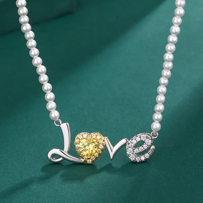 Valentine’s Gift Brass Artificial Pearls LOVE Necklace