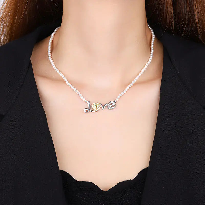 Valentine’s Gift Brass Artificial Pearls LOVE Necklace
