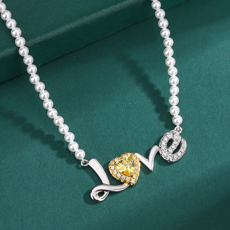 Valentine’s Gift Brass Artificial Pearls LOVE Necklace