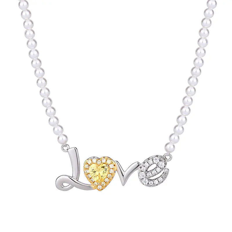 Valentine’s Gift Brass Artificial Pearls LOVE Necklace