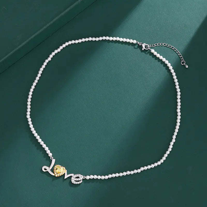 Valentine’s Gift Brass Artificial Pearls LOVE Necklace