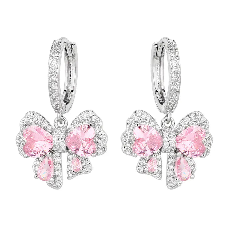 Brass Pink Diamond Bow Drop Earrings