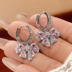 Brass Pink Diamond Bow Drop Earrings