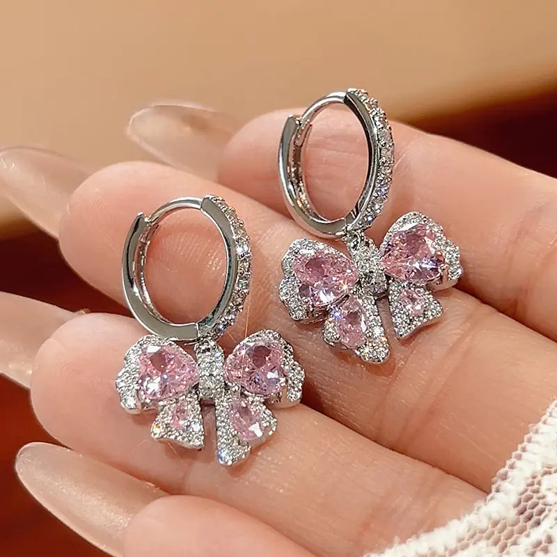 Brass Pink Diamond Bow Drop Earrings