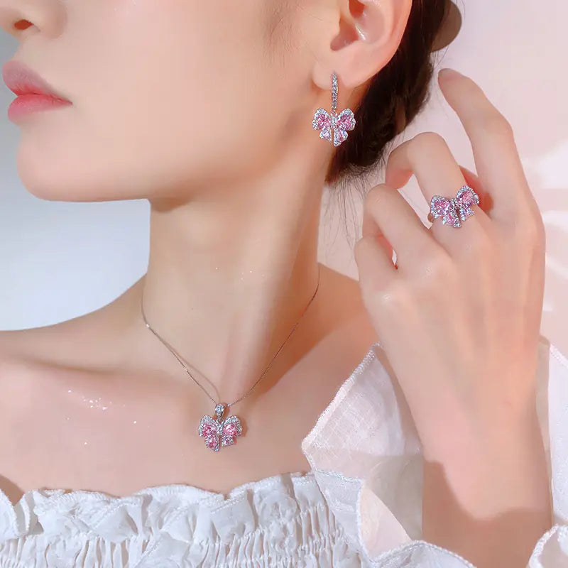 Brass Pink Diamond Bow Drop Earrings