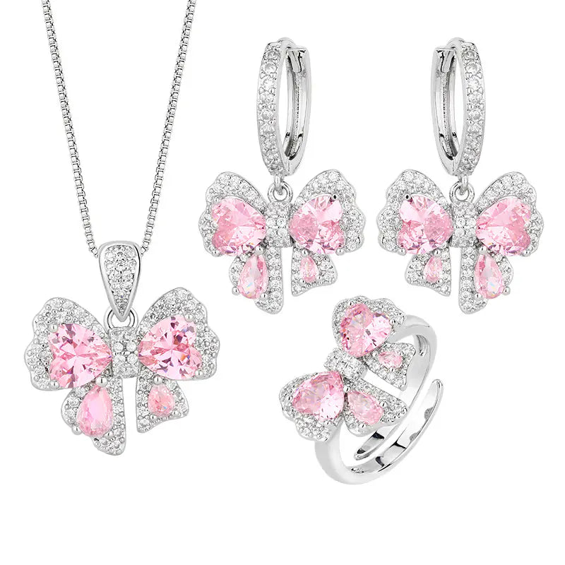 Brass Pink Diamond Bow Drop Earrings