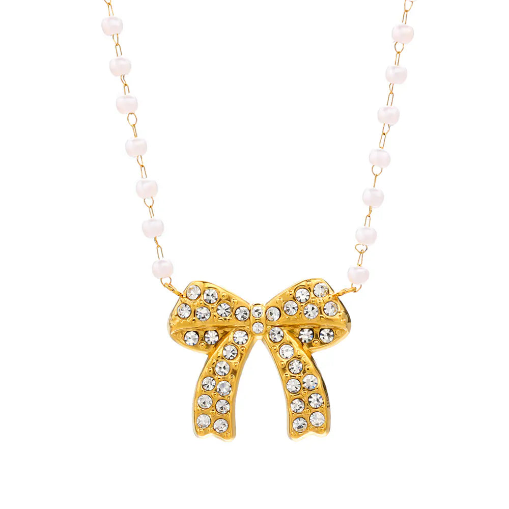 Stainless Steel White Rhinestones Bow Design Necklace
