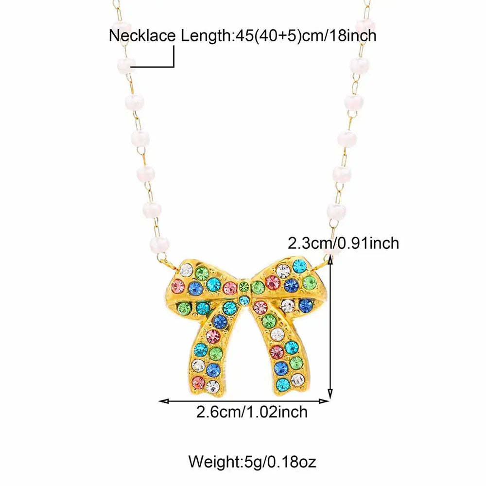 Stainless Steel Colored Rhinestones Bow Design Necklace