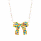 Stainless Steel Colored Rhinestones Bow Design Necklace