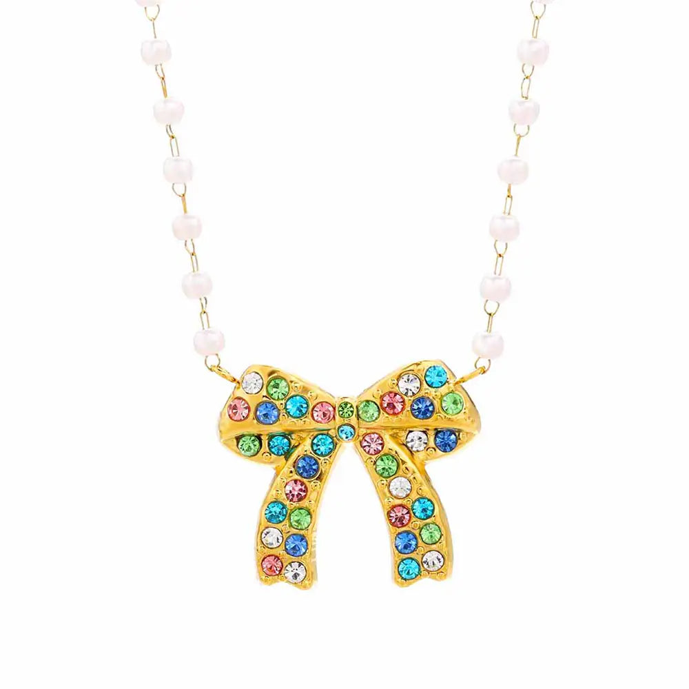 Stainless Steel Colored Rhinestones Bow Design Necklace