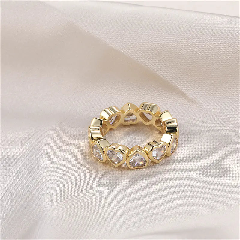 Brass Iced Out CZ Heart Eternity Band Rings