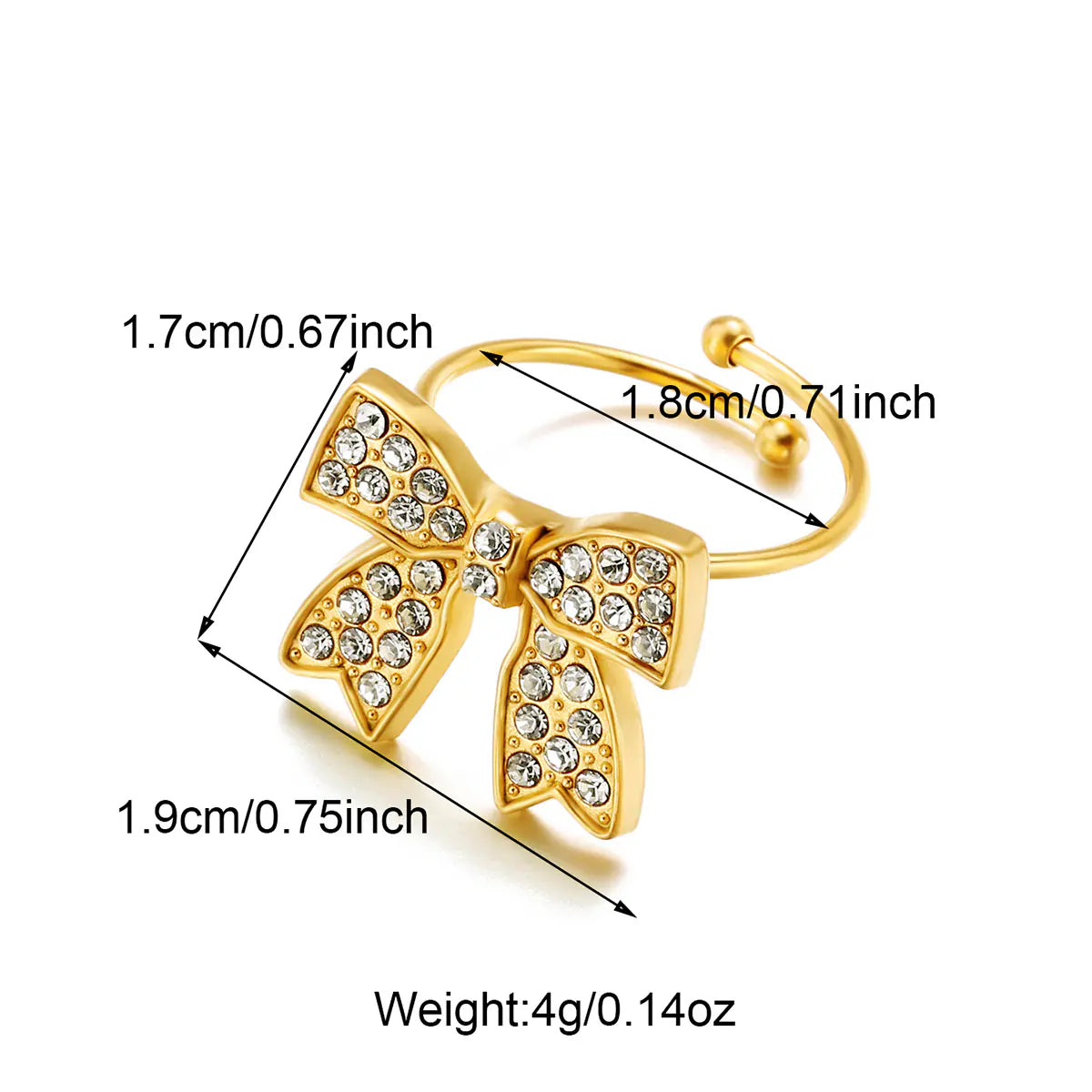 New Stainless Steel Butterfly Bow Crystal Open Ring