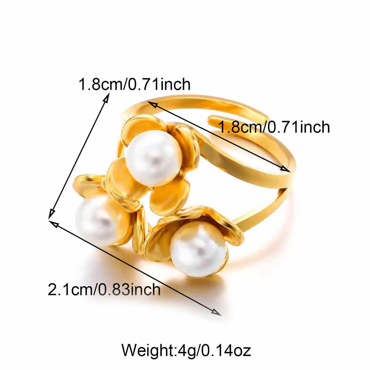 Gold Plated Stainless Steel Flower Pearl Open Ring