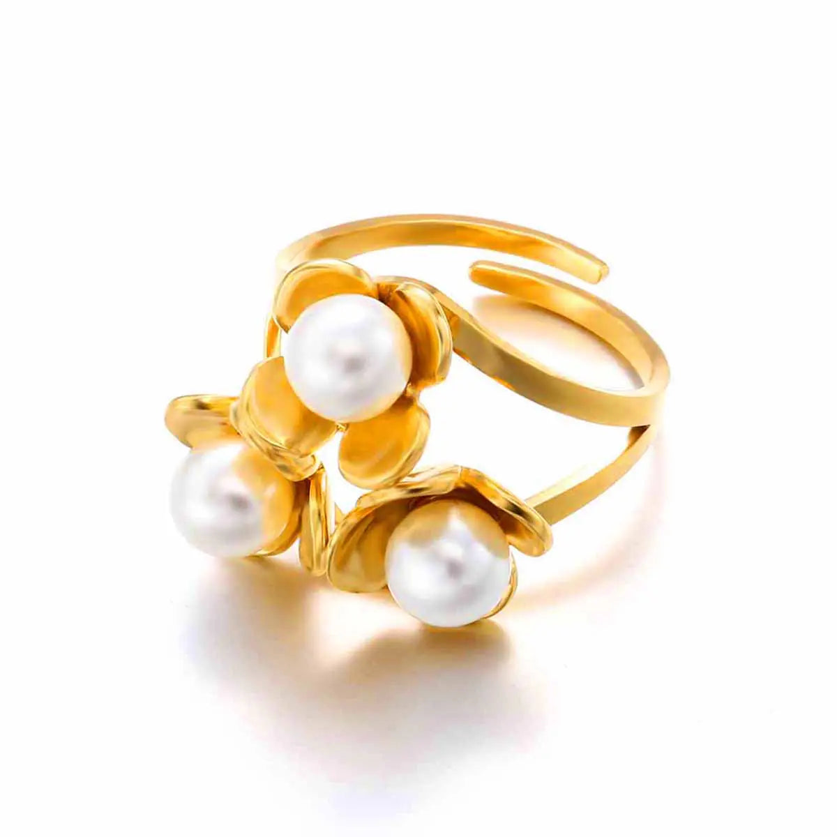 Gold Plated Stainless Steel Flower Pearl Open Ring
