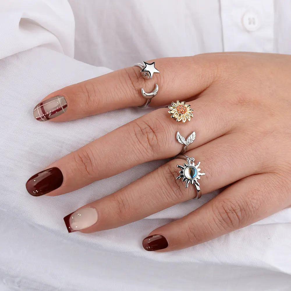 Classical Moon Star Stainless Steel Adjustable Rings