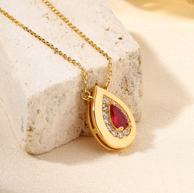 Luxury Teardrop-Shaped Red Zircon 18K Gold Plated Necklace